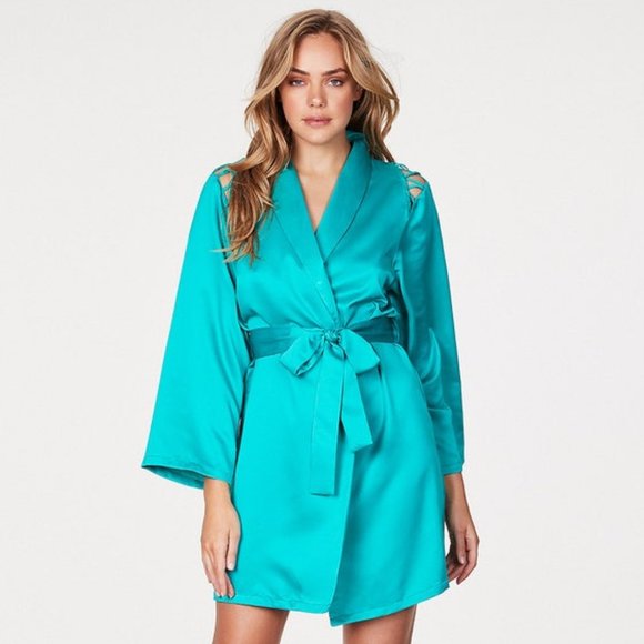 Frederick's Summer Lattice Lacing Satin Robe Sz S